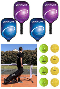 Dinkum Pickleball Set - High Tension Net in Wheeled Bag + 4 USAPA approved paddles + 8 Balls