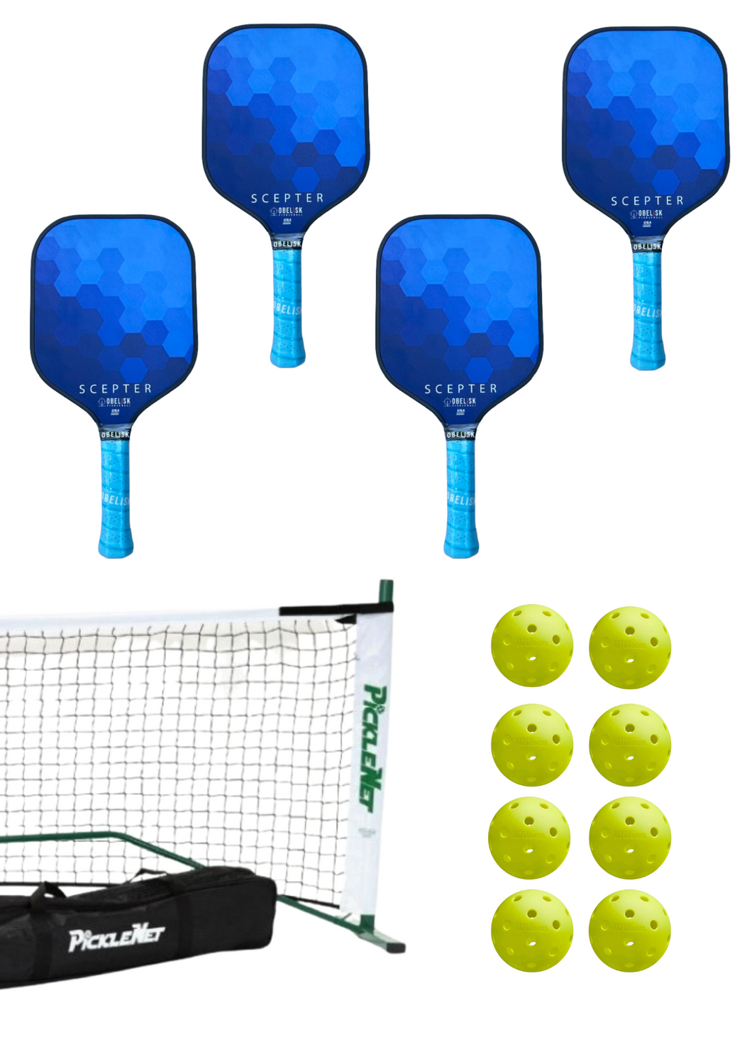 Heavy Duty Picklenet® + 4 Scepter paddles + 8 Balls