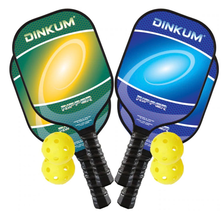 Club & school pack - 8 Dinkum Ripper pickleball paddles + 8 indoor/outdoor balls. Carbon fibre with massive sweet spot.