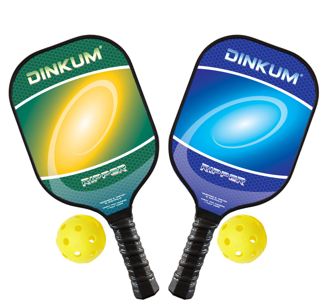 2 Dinkum® Ripper pickleball paddles + 2 balls. Carbon fibre with massive sweet spot!