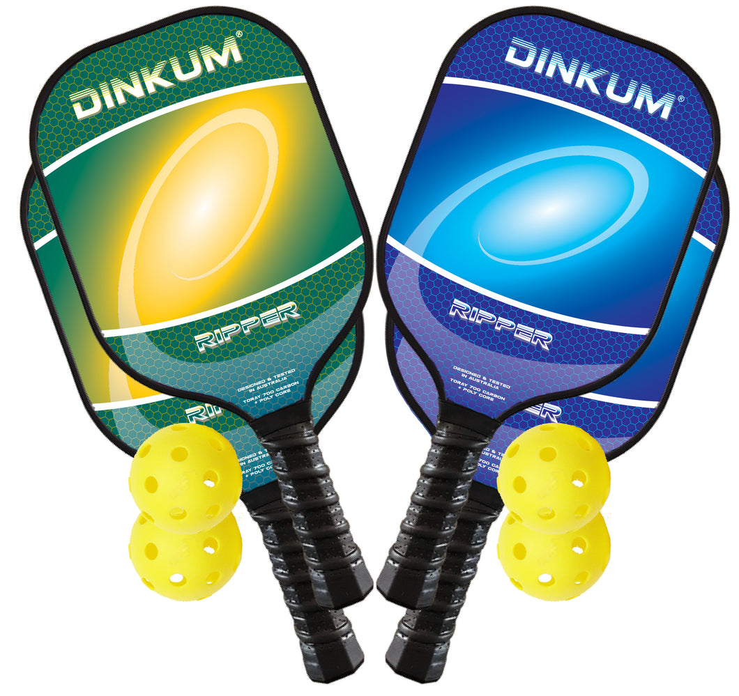 4 Dinkum® Ripper pickleball paddles + 4 balls. Carbon fibre with massive sweet spot.